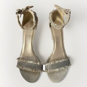 Stuart Weitzman Nudistchains Canvas Gold Sandals Tweed  Block US 8 M